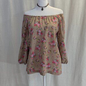 Veronica M Size Small 100% Chiffon Floral Off-Shoulder Top Tan/Pink